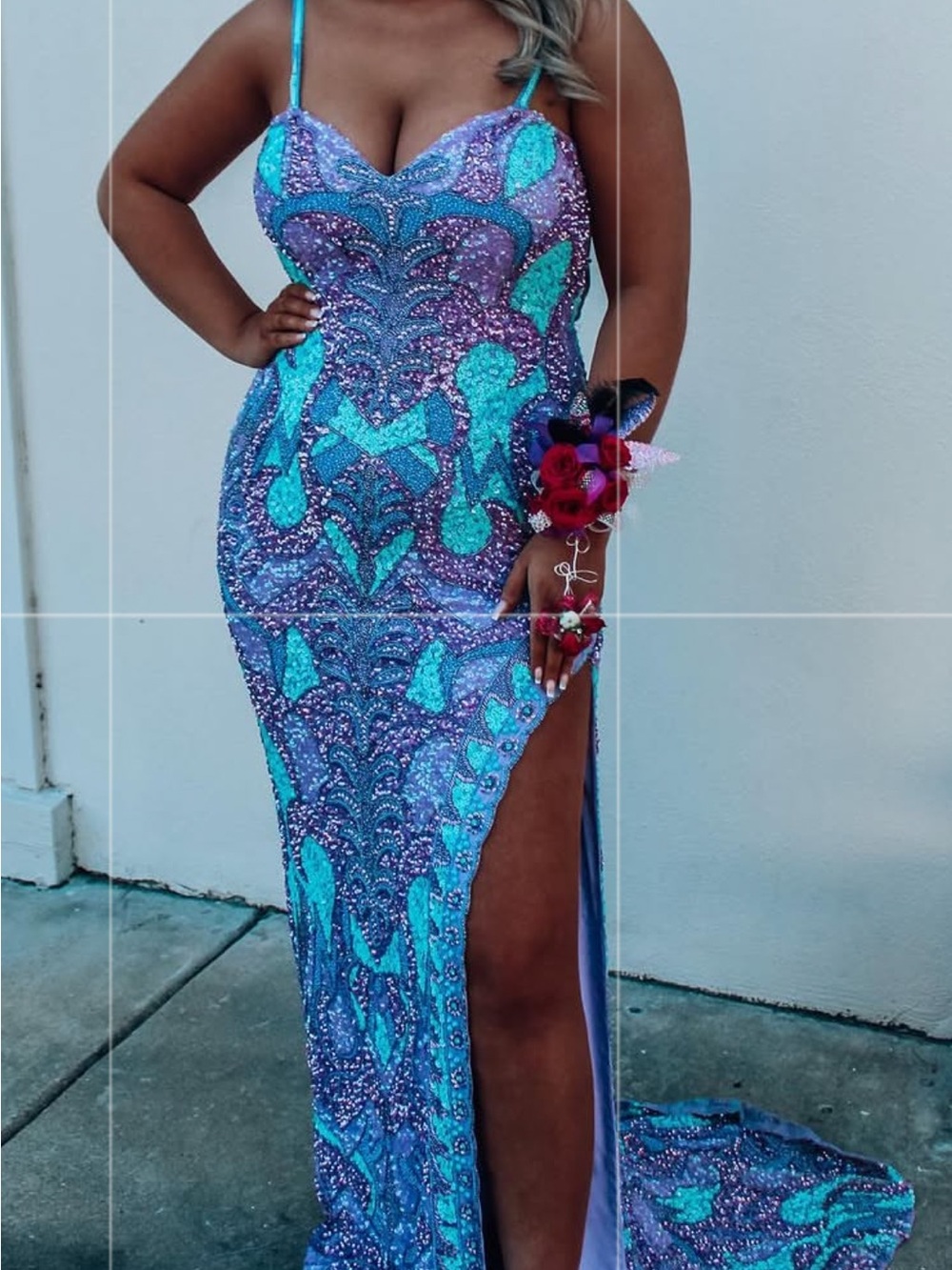 Rachel Allan Turquoise and Purple Sequin Mermaid Prom Gown